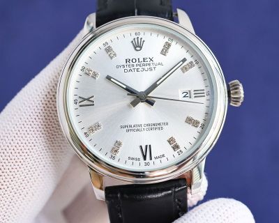 Rolex Datejust WG Case White/Black Face 8215 Movement Leather Band 40mm 316L Steel 48h Watch